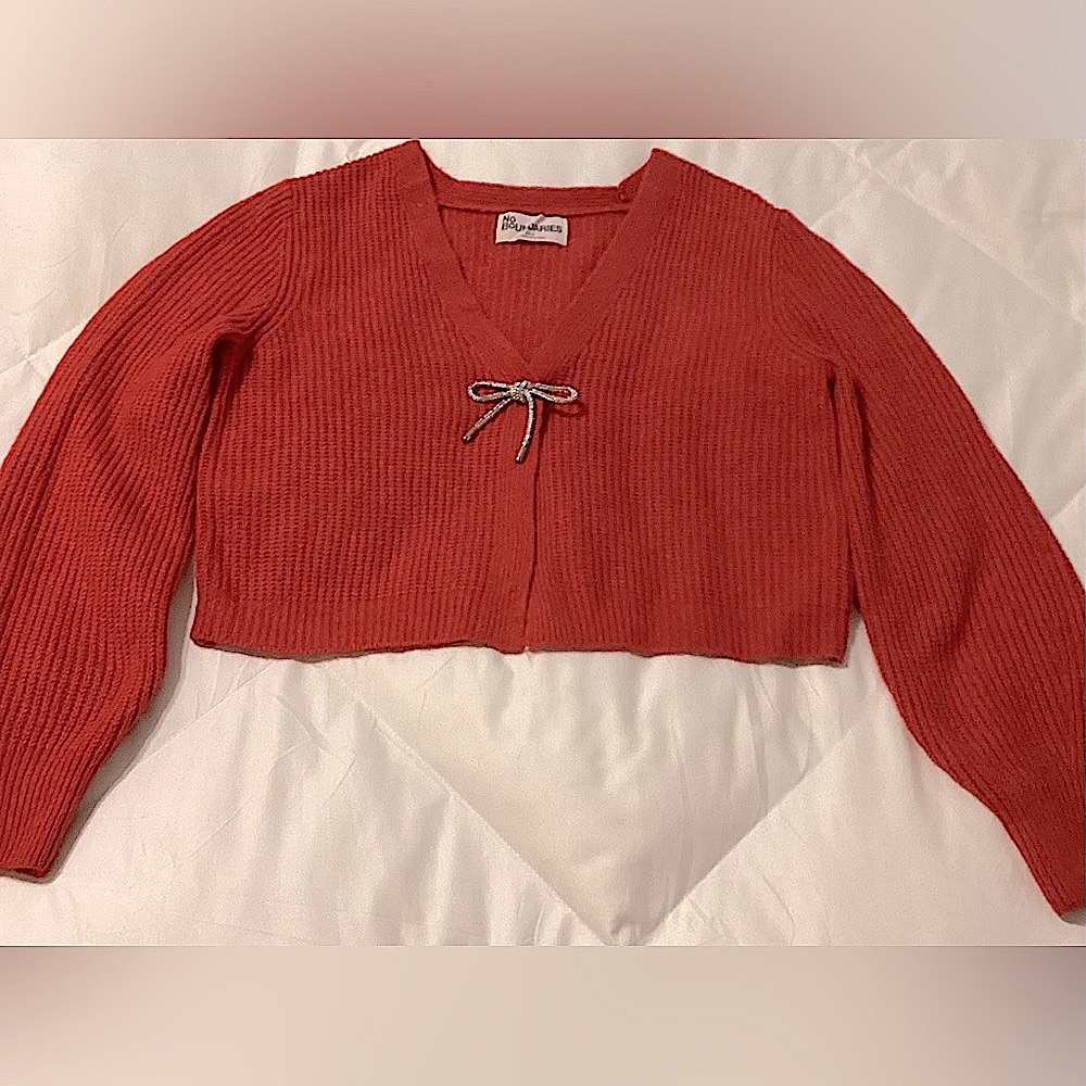 Cropped Long Sleeve Sweater, Red, Diamond Jewel Bow, Small
